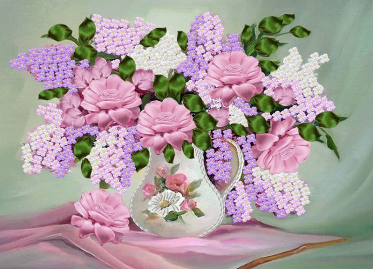 НЛ3-045 Набор для вышивания лентами ТМ Нафследие "Розы и сирень в вазе"